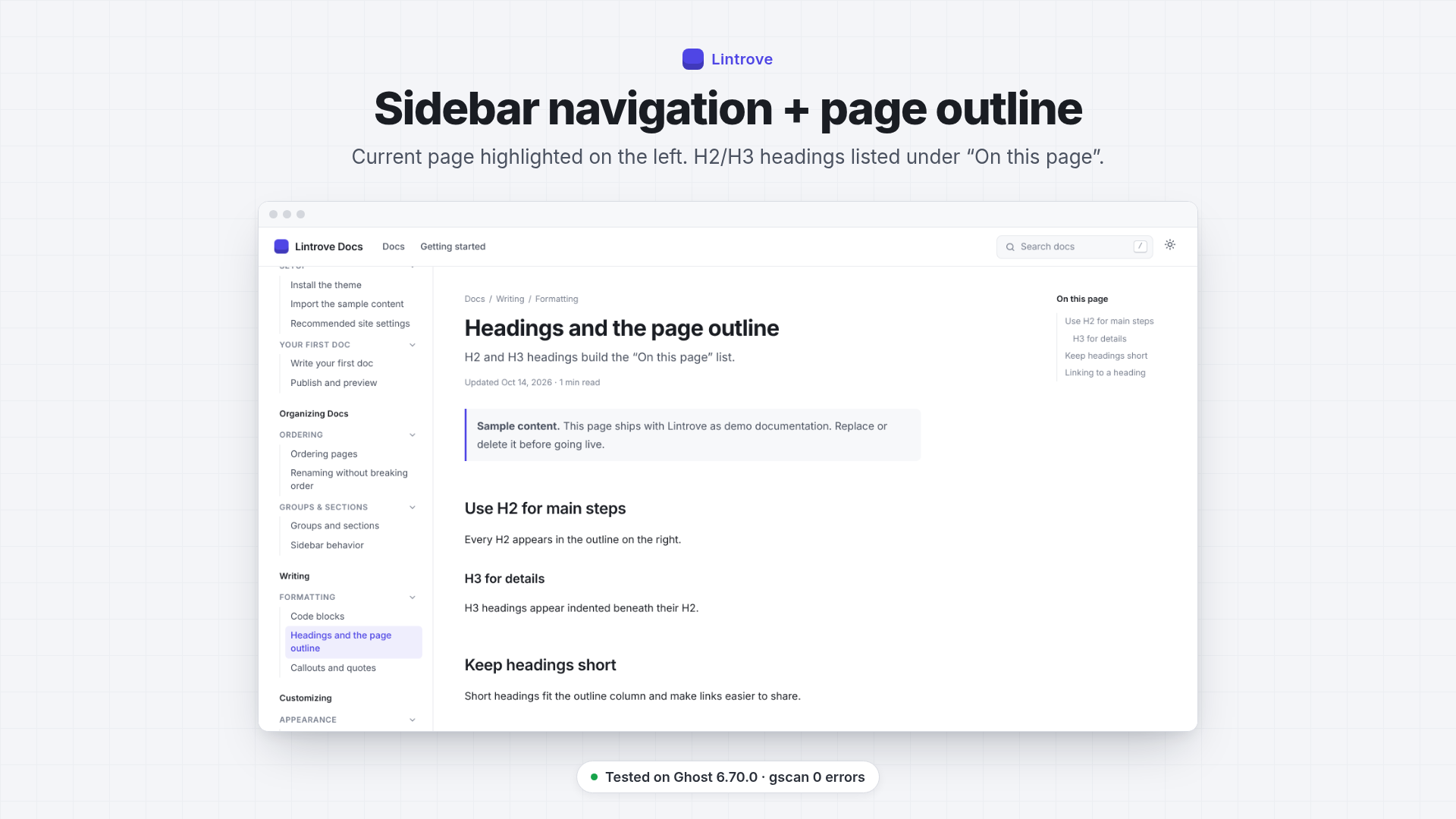 A Lintrove docs page with sidebar, breadcrumb and table of contents
