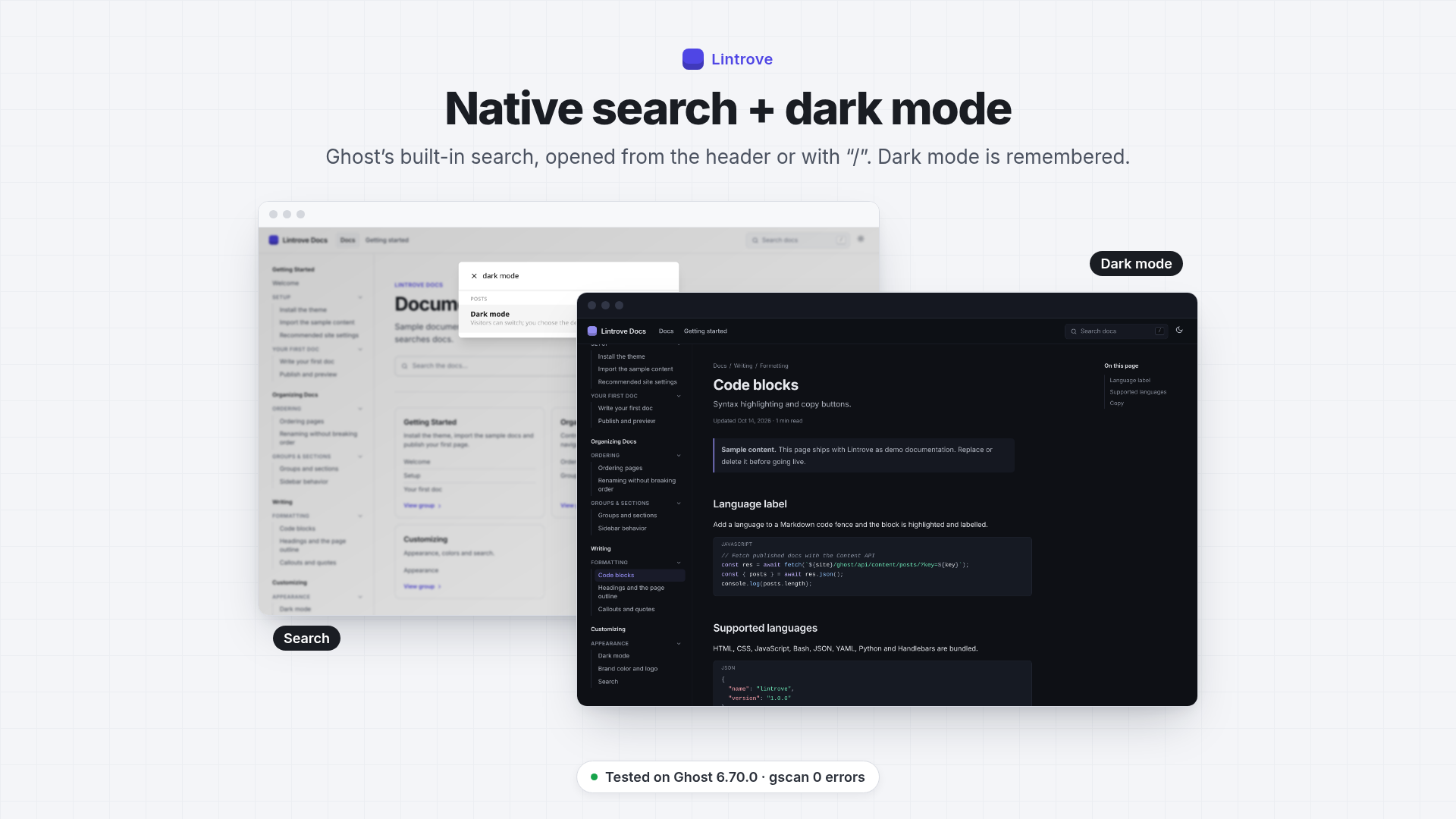 Ghost's built-in search opened over Lintrove in dark mode